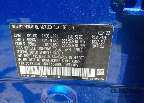 2022 Honda Hr-V 2Wd Sport из США, поврежденный, VIN 3CZRU5H11NM733999